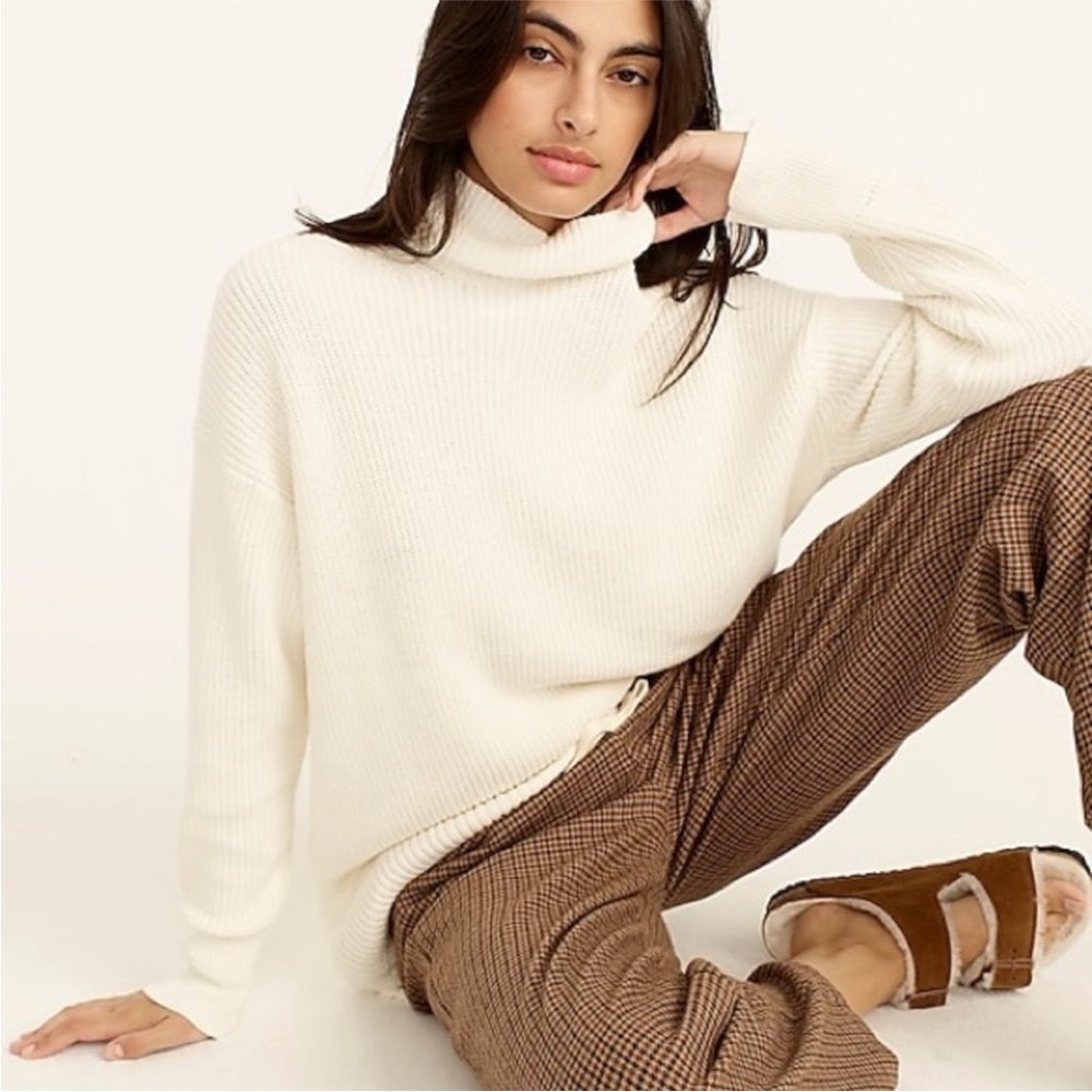 J Crew White Knit Cotton Cashmere Turtleneck Sweater Medium Old Money Coastal